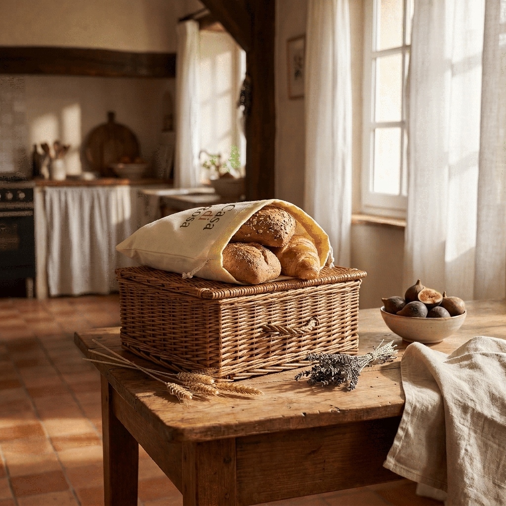 Sacchetto Casa di Rosa nel cestino con pane e croissant