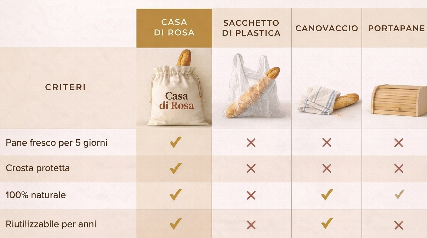 Confronto: Casa di Rosa vs sacchetto di plastica, canovaccio e portapane
