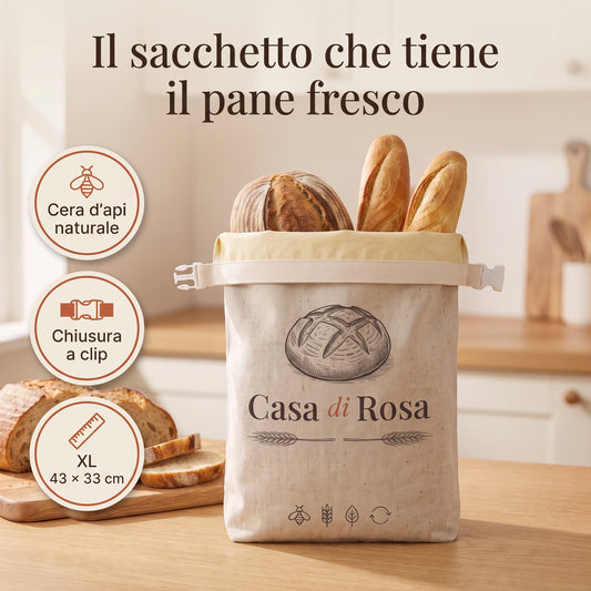 Sacchetto per il pane Casa di Rosa in cera d'api con chiusura a clip, formato XL 43 × 33 cm