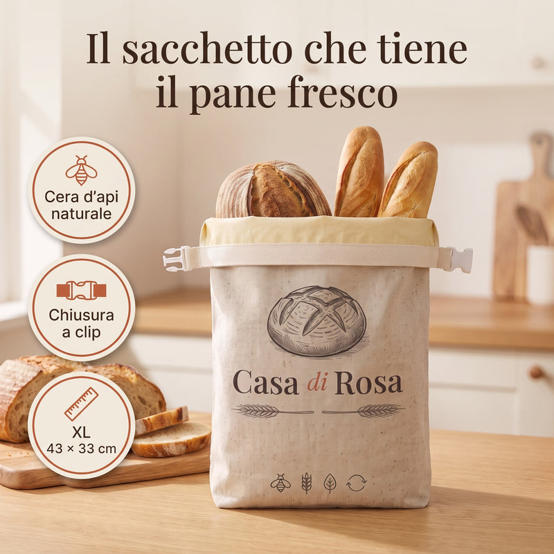 Sacchetto per il pane Casa di Rosa in cera d'api con chiusura a clip, formato XL 43 × 33 cm